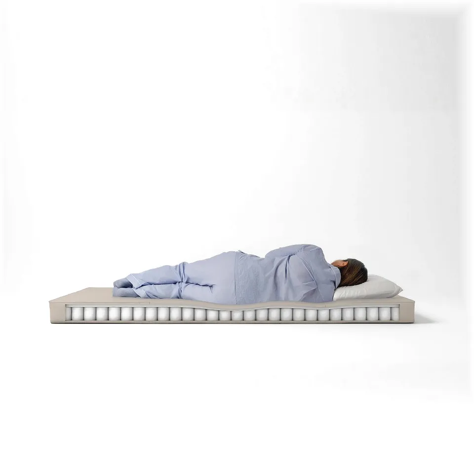 A person sleeping on a light blue VANNAREID mattress on a white background.