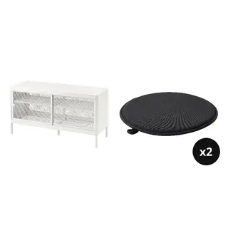 MACKAPÄR/ÄNGSFRÄKEN set: storage bench with sliding doors + chair pad x2
