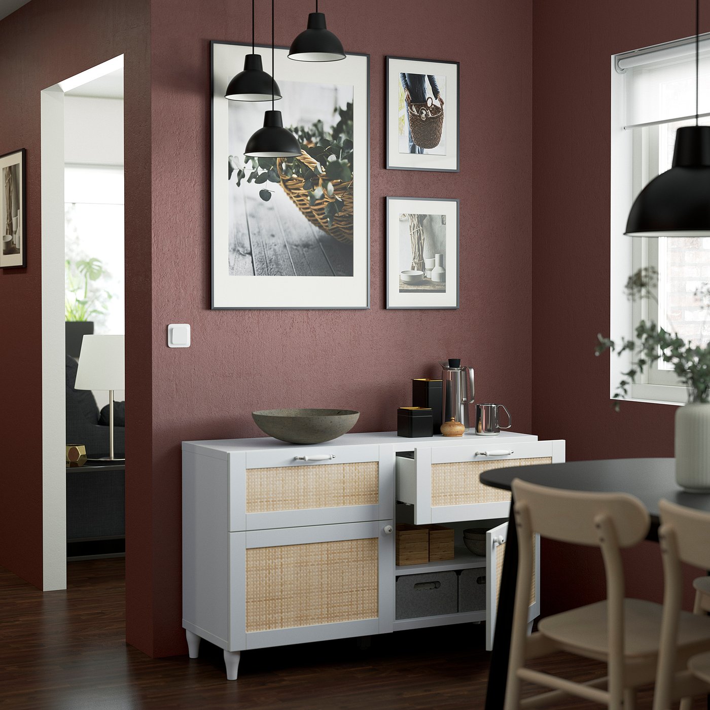 Modern sideboard with woven front panels displays decorative items and provides storage.