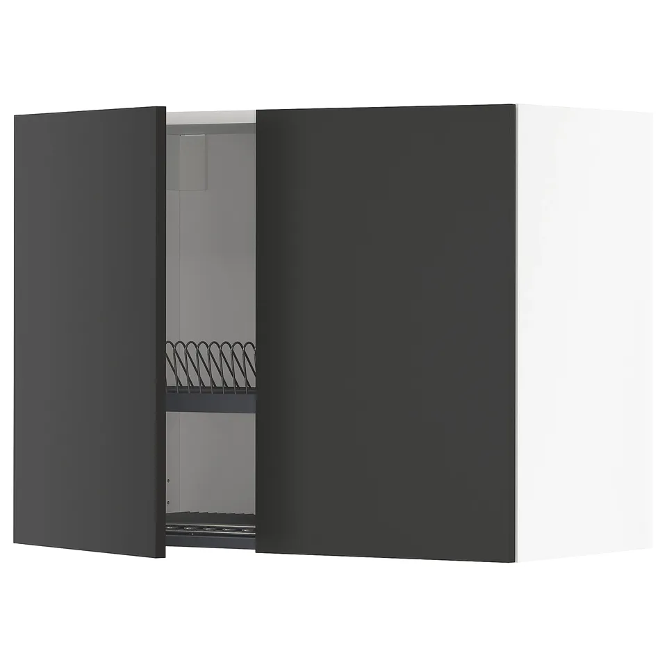 METOD kitchen unit in black with open door, steel dish drainer, adjustable shelf.