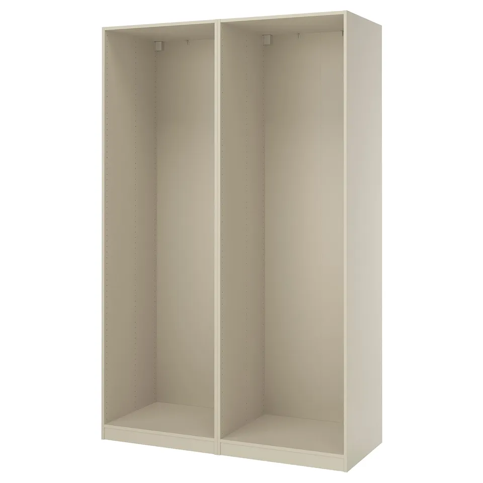 A white ikea PAX wardrobe frame, rectangular, made of particleboard and fiberboard, with a minimalist design and adjustable feet.