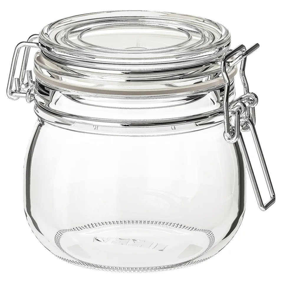 KORKEN glass jar, clear, round shape with metal clasp, airtight seal, ideal for food storage.