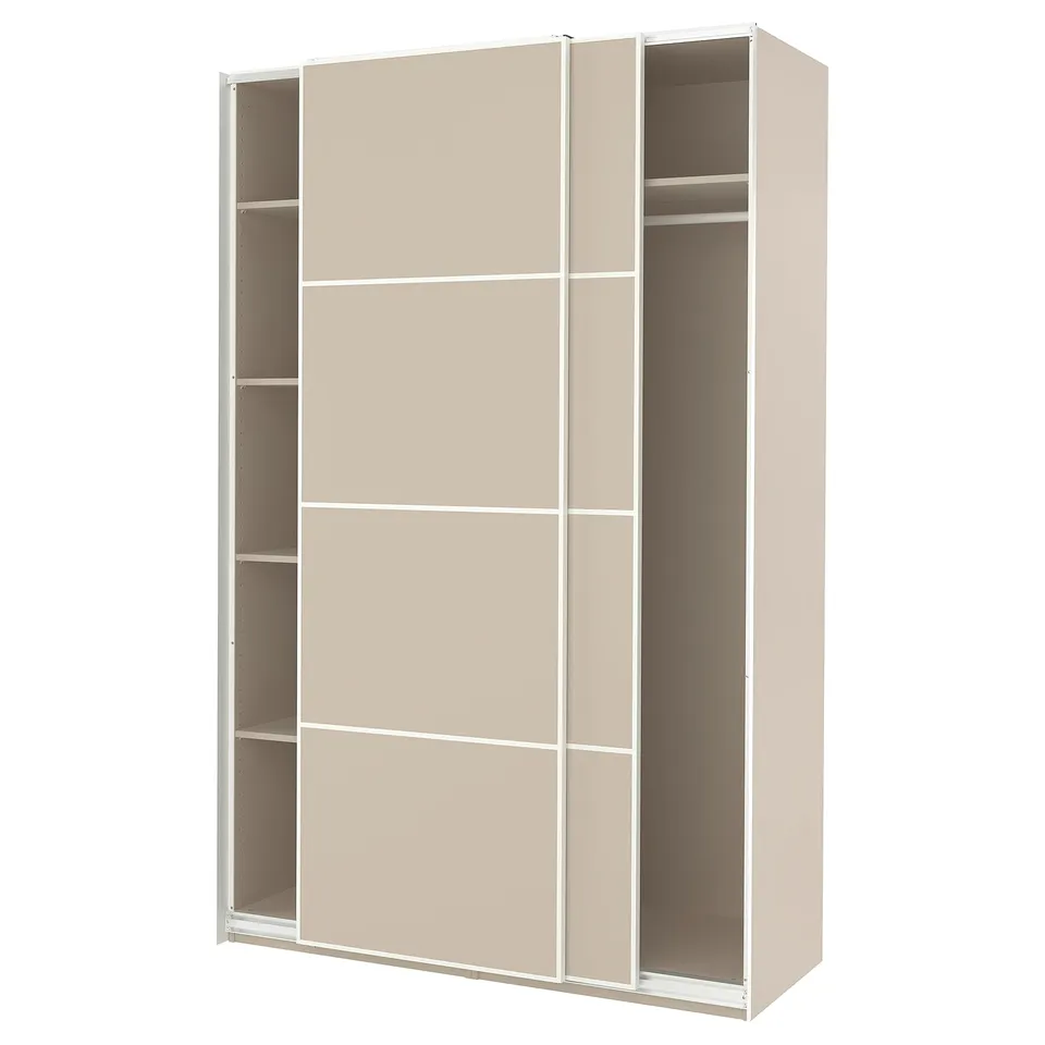 An open beige ikea PAX wardrobe with shelves and no doors.