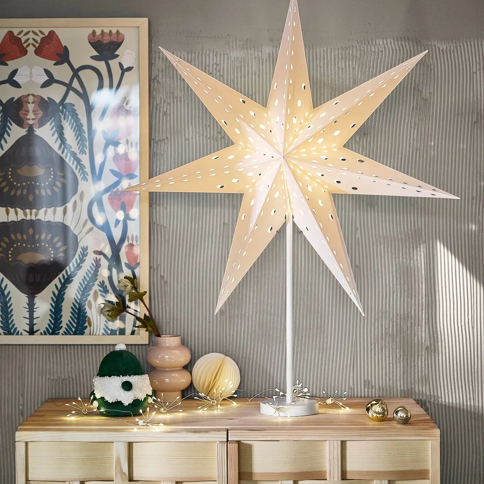STRÅLA Lamp shade, paper star/with hole pattern white, 70 cm