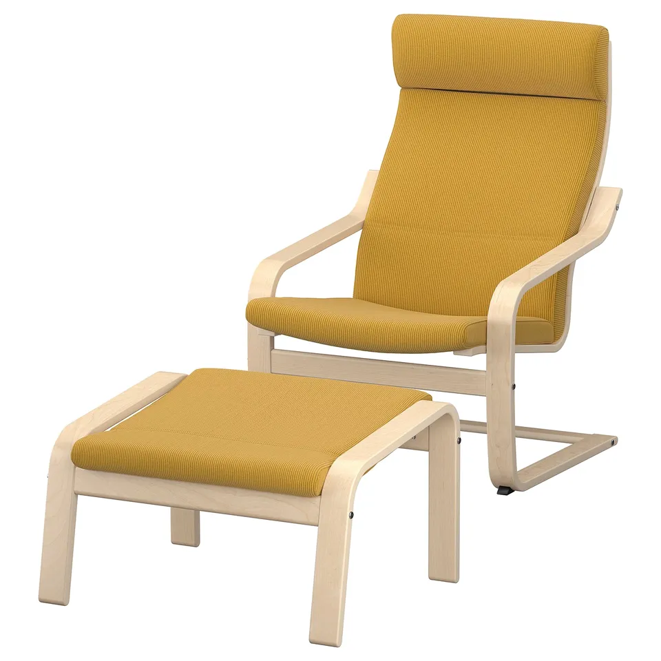 Yellow POÄNG chair and ottoman, wooden frame, corduroy fabric.