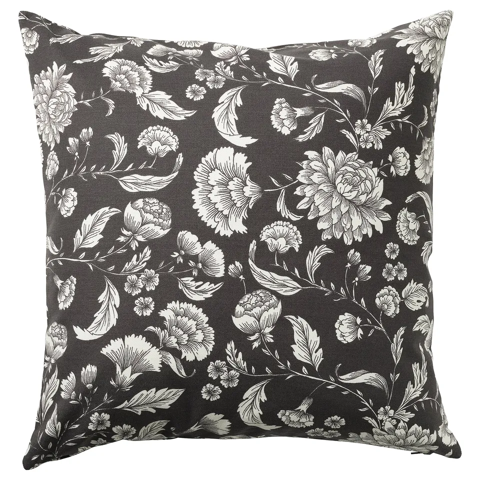 IDALINNEA cushion, black with white floral design, square shape, cotton material.