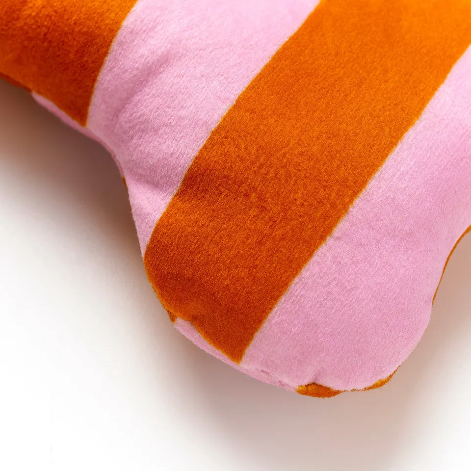 Close-up of soft, striped purple and orange toy. Textured, plush fabric, inviting for pets.