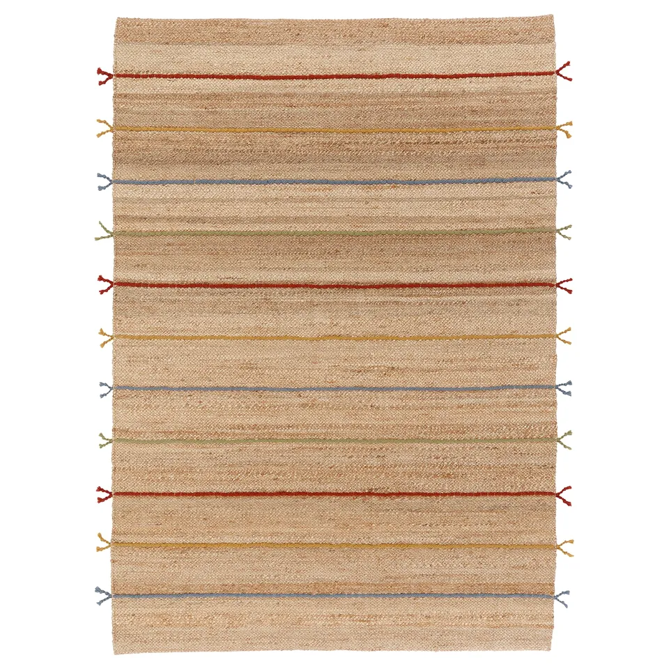 RAKLEV striped jute rug with wool tassels, beige and multicoloured, rectangular, handwoven.