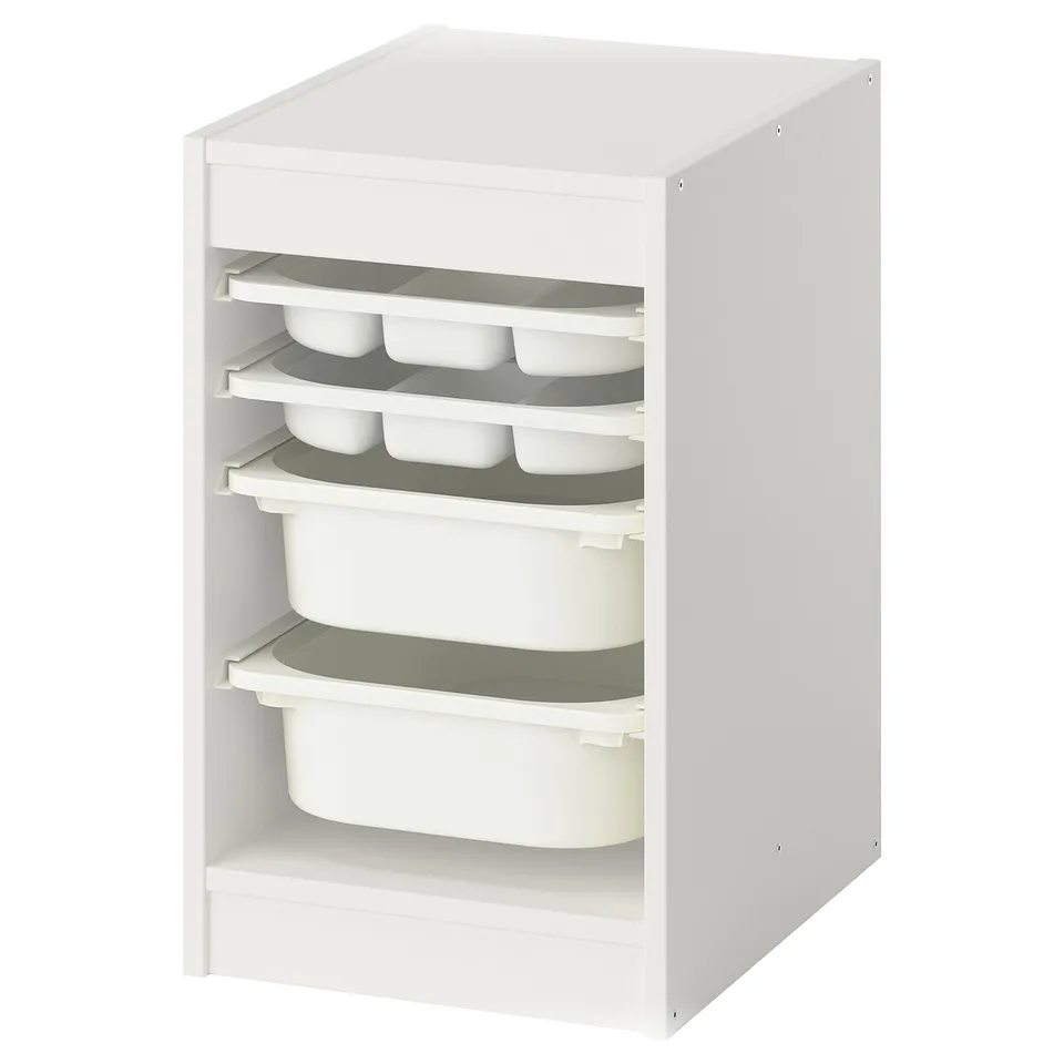 White TROFAST storage unit with adjustable shelves for organising small items.