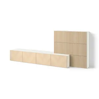 BESTÅ media storage combination, white Björköviken/Hedeviken ash veneer, Height 114 x Width 300 cm
