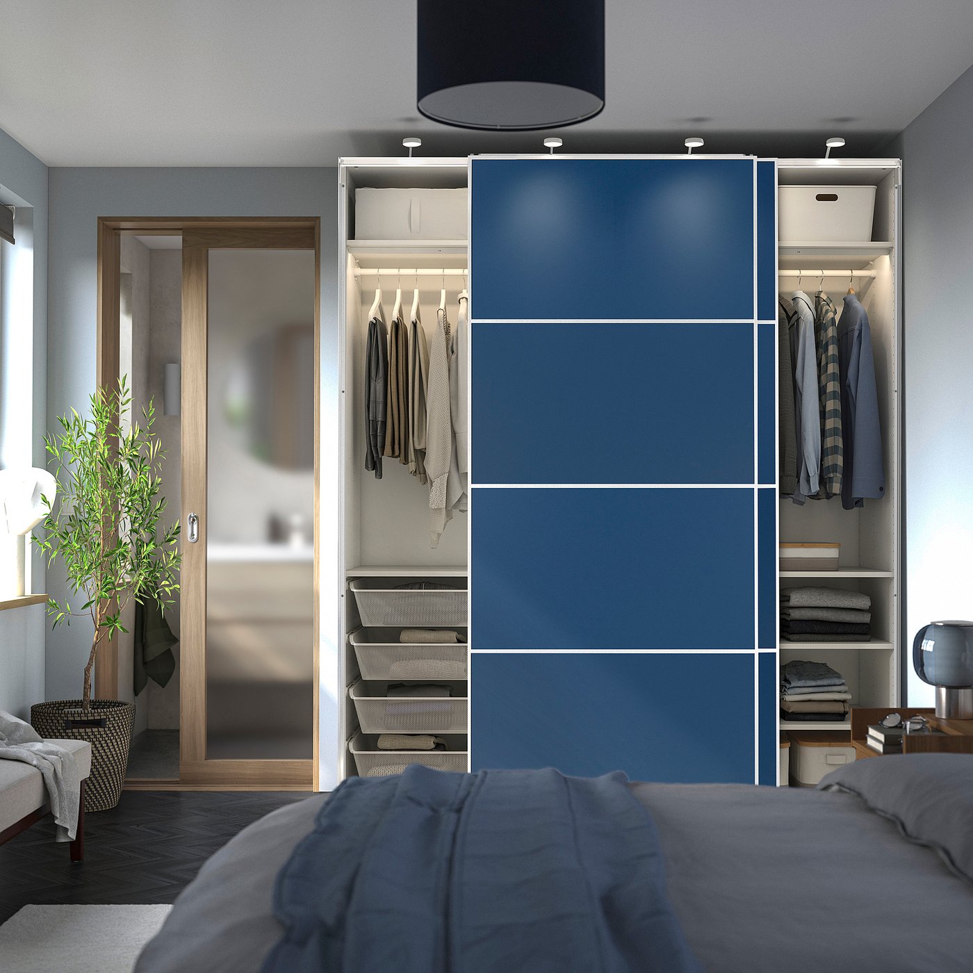 Bedroom with PAX wardrobe, sliding doors, hangers, shelves, and internal lighting.