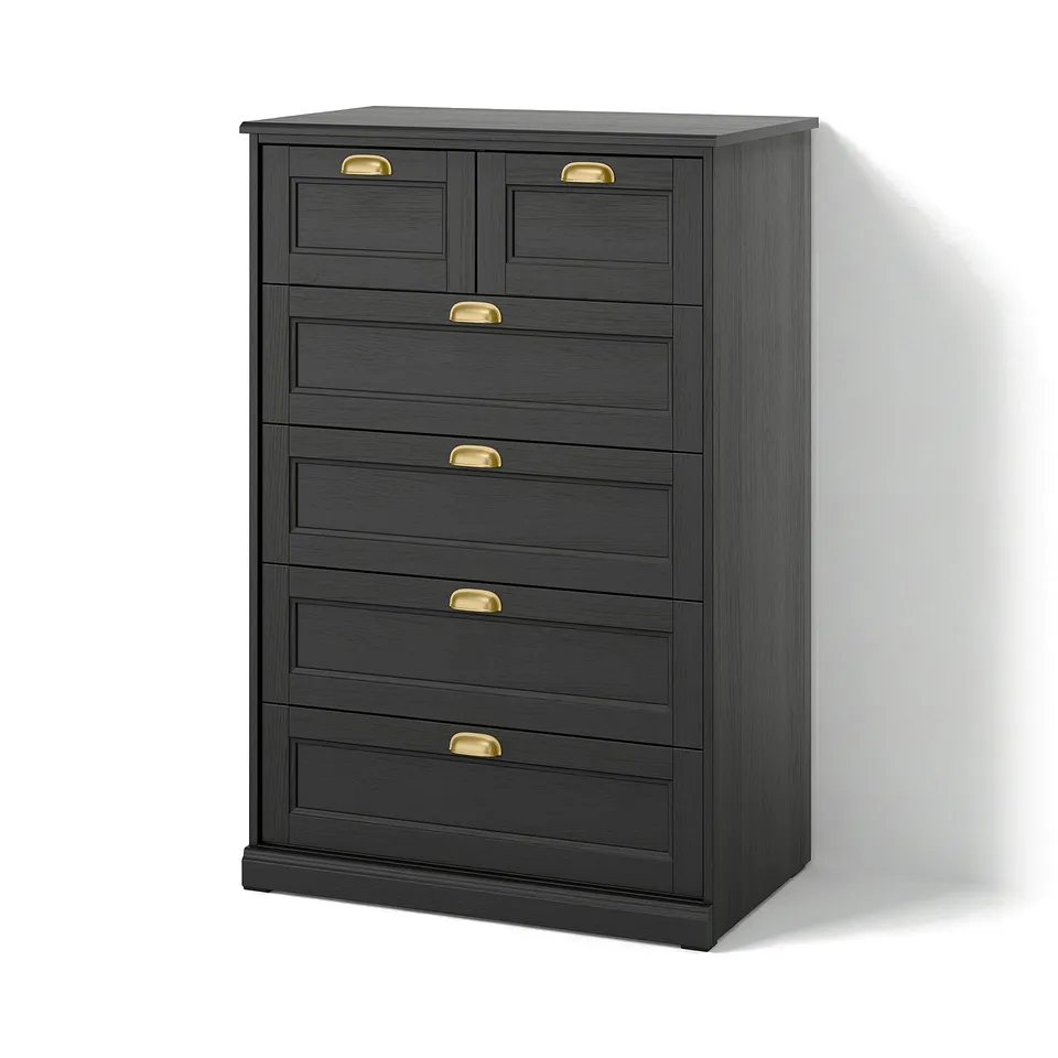A black FÅGELFJÄLLET chest of drawers with six drawers. It has a modern, sleek design with gold handles.
