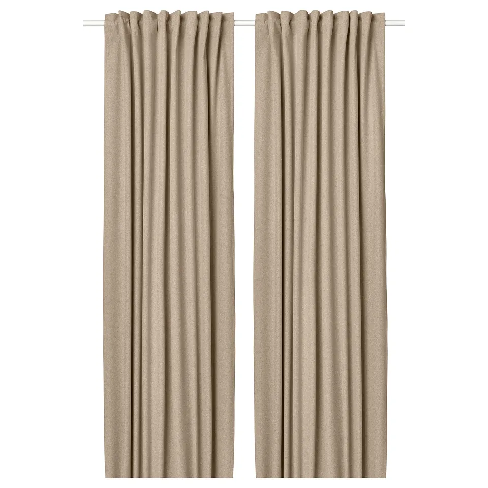Rösenmandel yellow-beige room darkening curtains, wool-like fabric, rectangle shape, elegant design.