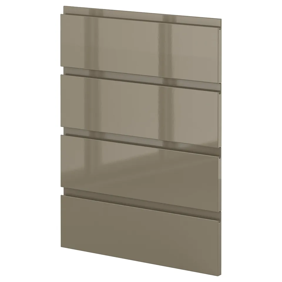 Sleek dark grey-brown high gloss kitchen cabinet fronts with integrated handles.