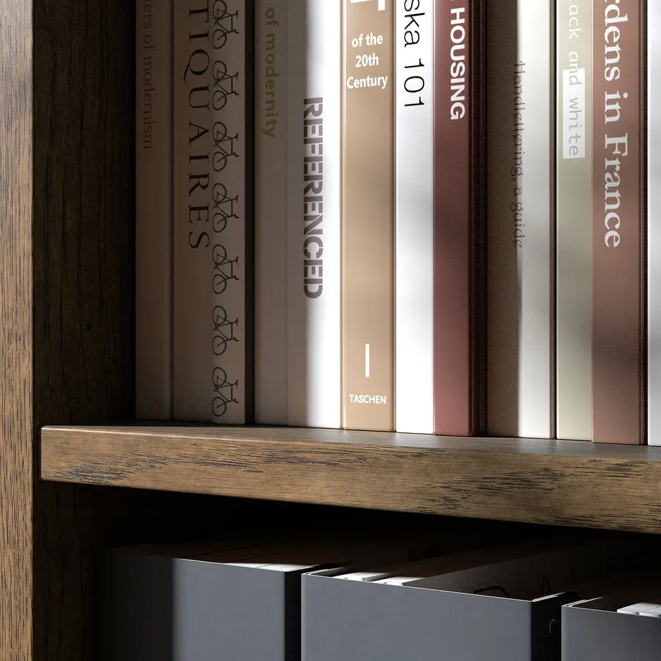Bookshelf with various books, featuring a brushed veneer finish and adjustable shelves, showcasing a neat and organised appearance.