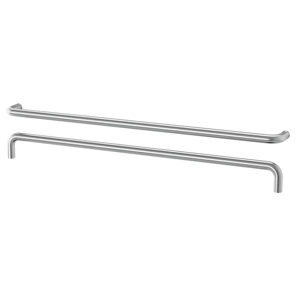 Two modern, sleek, stainless-steel handles, long, horizontal, and l-shaped, ideal for cabinetry.