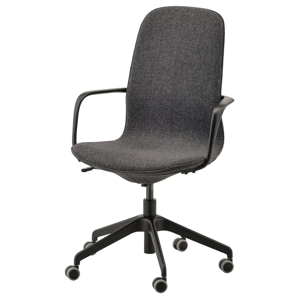 A black LÅNGFJÄLL office chair with armrests, featuring a high back, adjustable height, and casters for mobility.