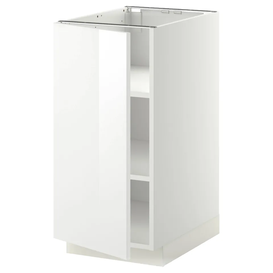 A white METOD kitchen cabinet with a glossy finish and adjustable shelves.