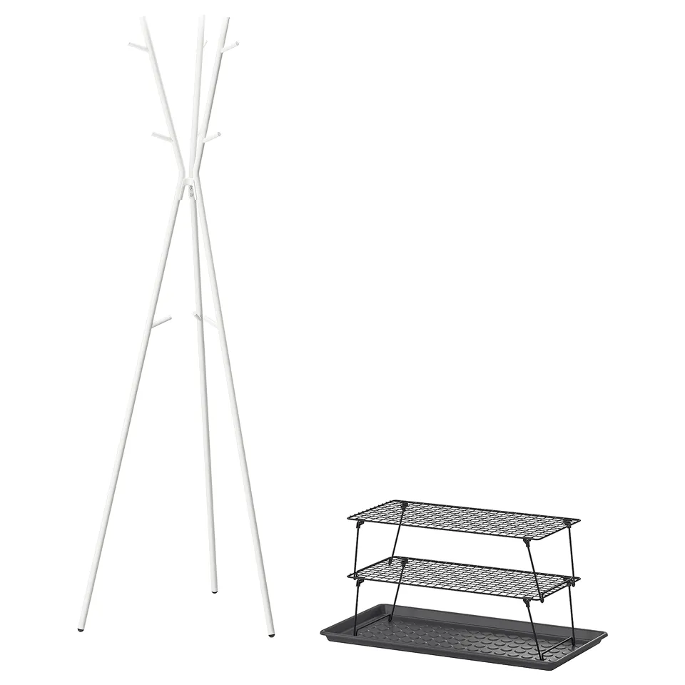 Two items: a white hat and coat stand with a triangular base and multiple hooks, and a black wire cooling rack with two tiers.