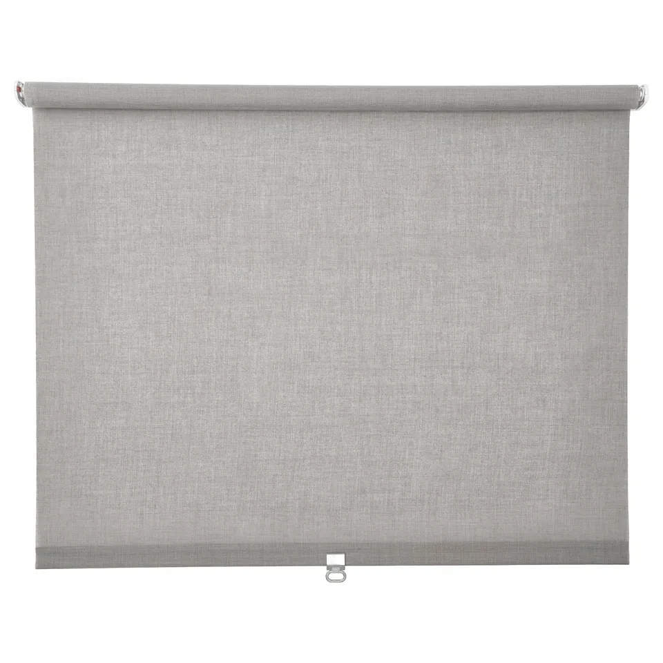 Grey fabric roller blind, cordless, fits tall windows. Made from recycled polyester.