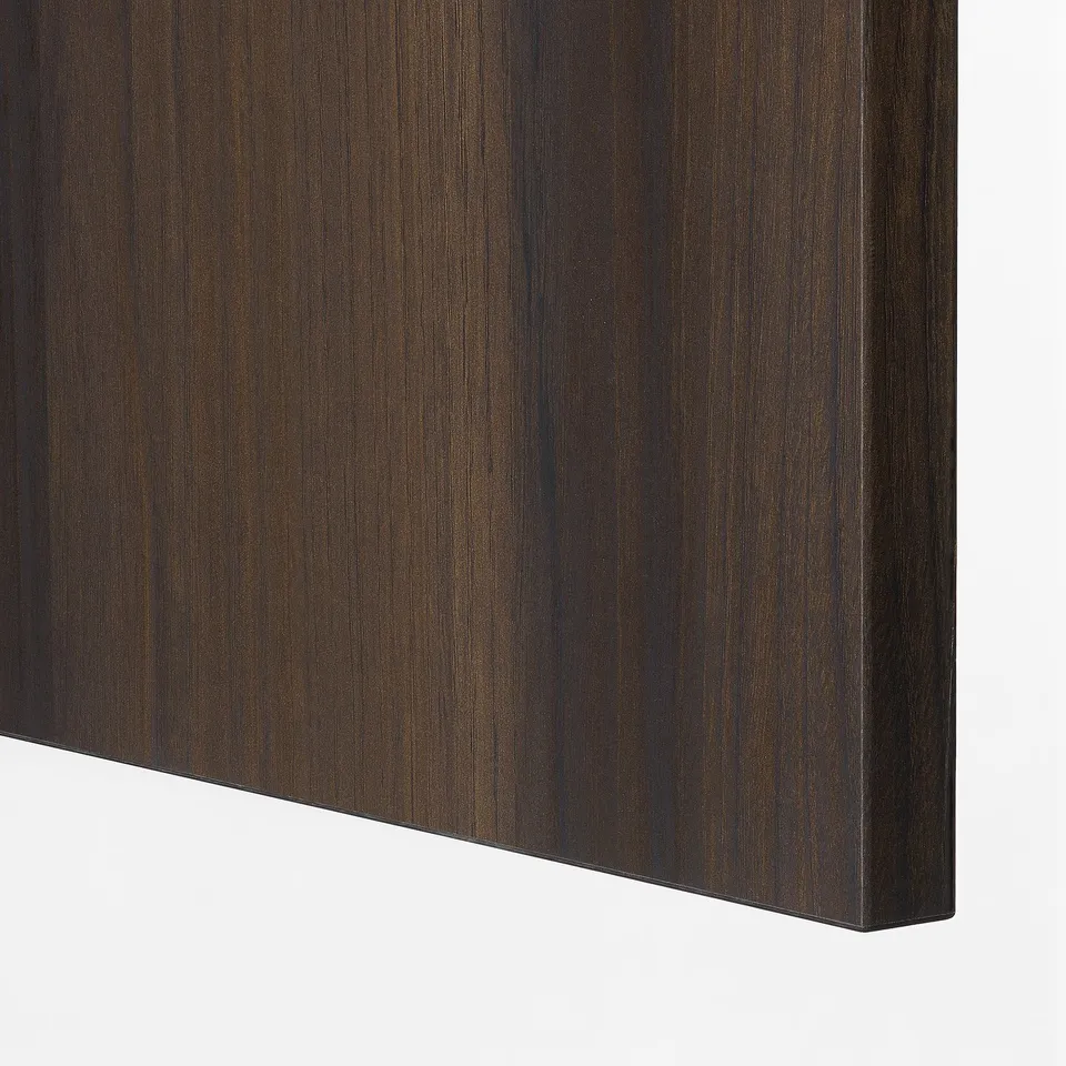 Close-up of dark brown wooden grain textured panel, smooth and polished, showing fine craftsmanship.