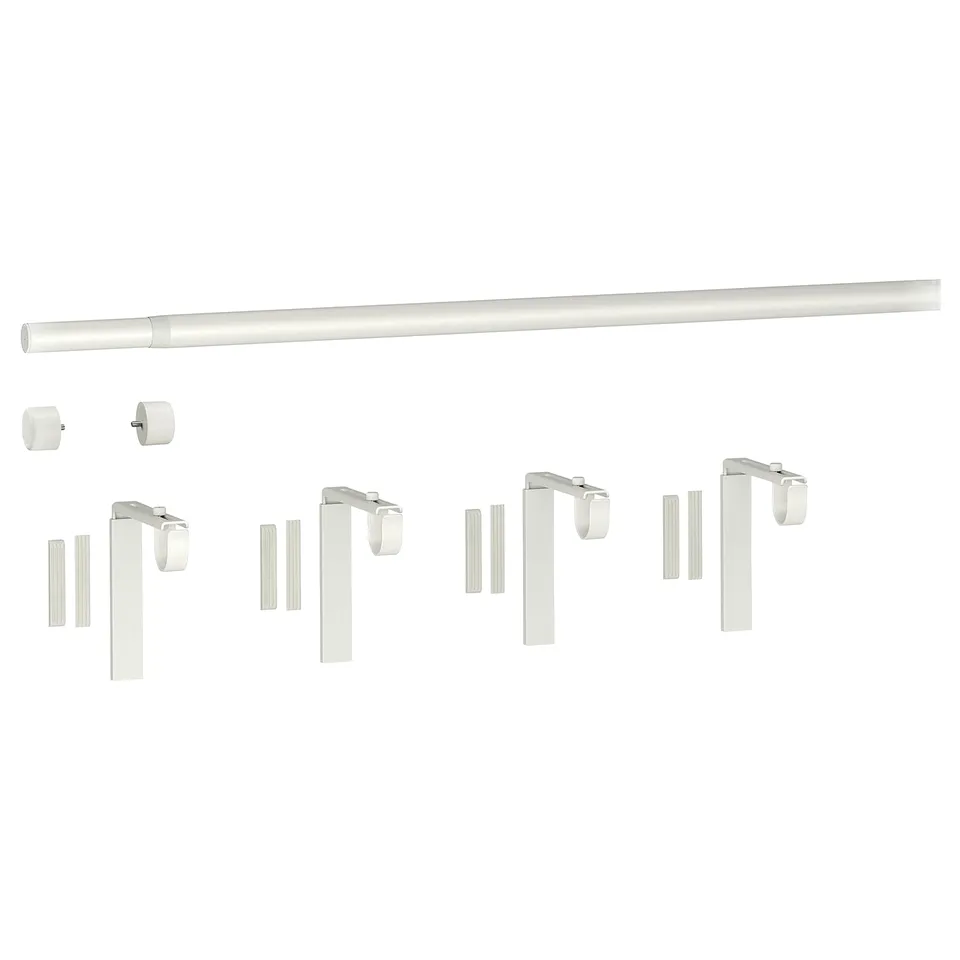 A white HUGAD curtain rod kit with components for mounting on walls or ceilings. The kit includes an extendable rod, four brackets, and two finials.