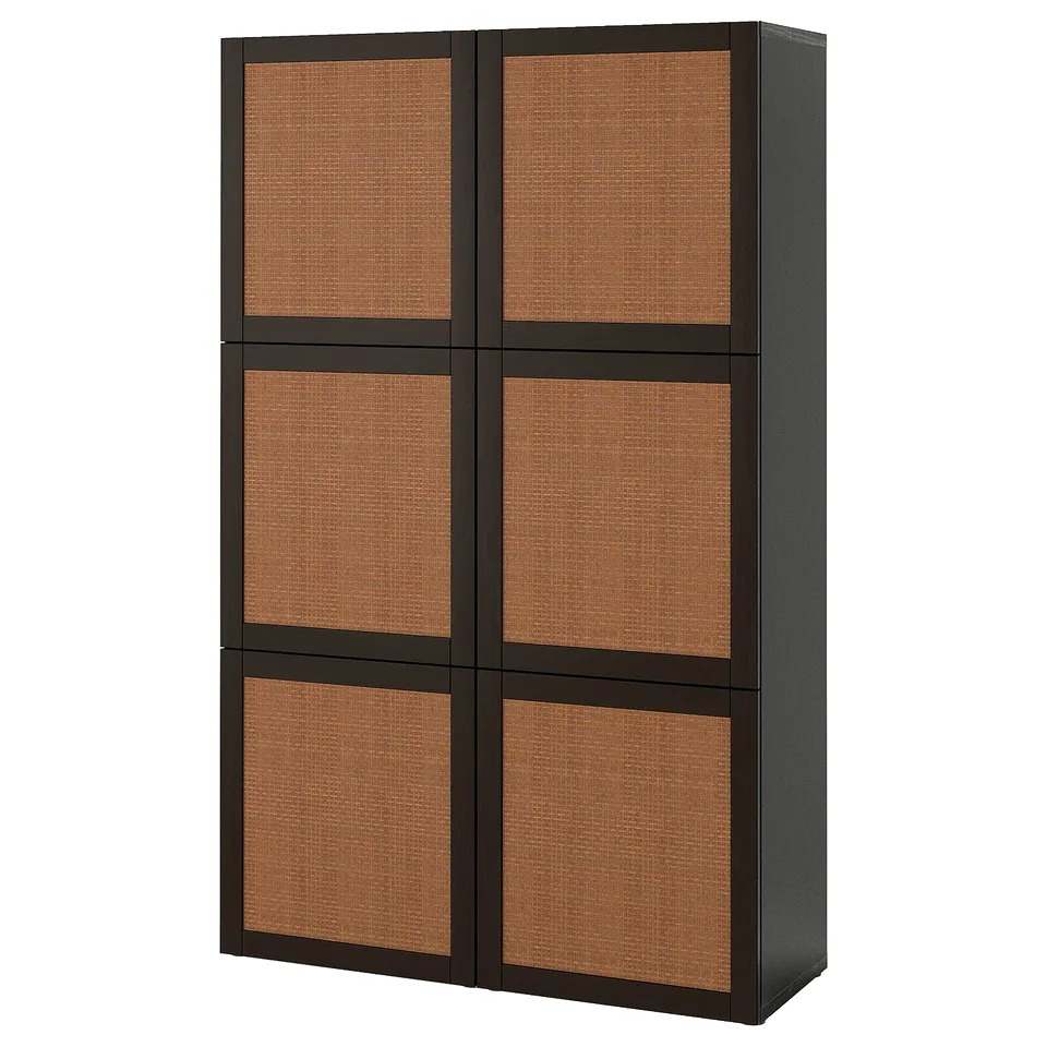 A black ikea BESTÅ storage unit with six woven doors. Its a tall rectangle with adjustable shelves for customizable storage.