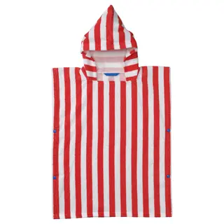 SKOGSSALLAT bath poncho with hood, red/white/striped, Length 55 x Width 70 cm