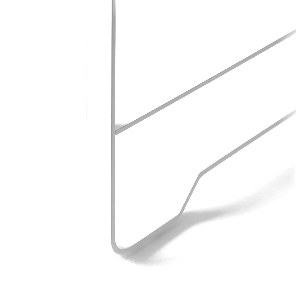 Close-up of a sleek, powder-coated metal kitchen shelf, emphasising its smooth edges and sturdy design.