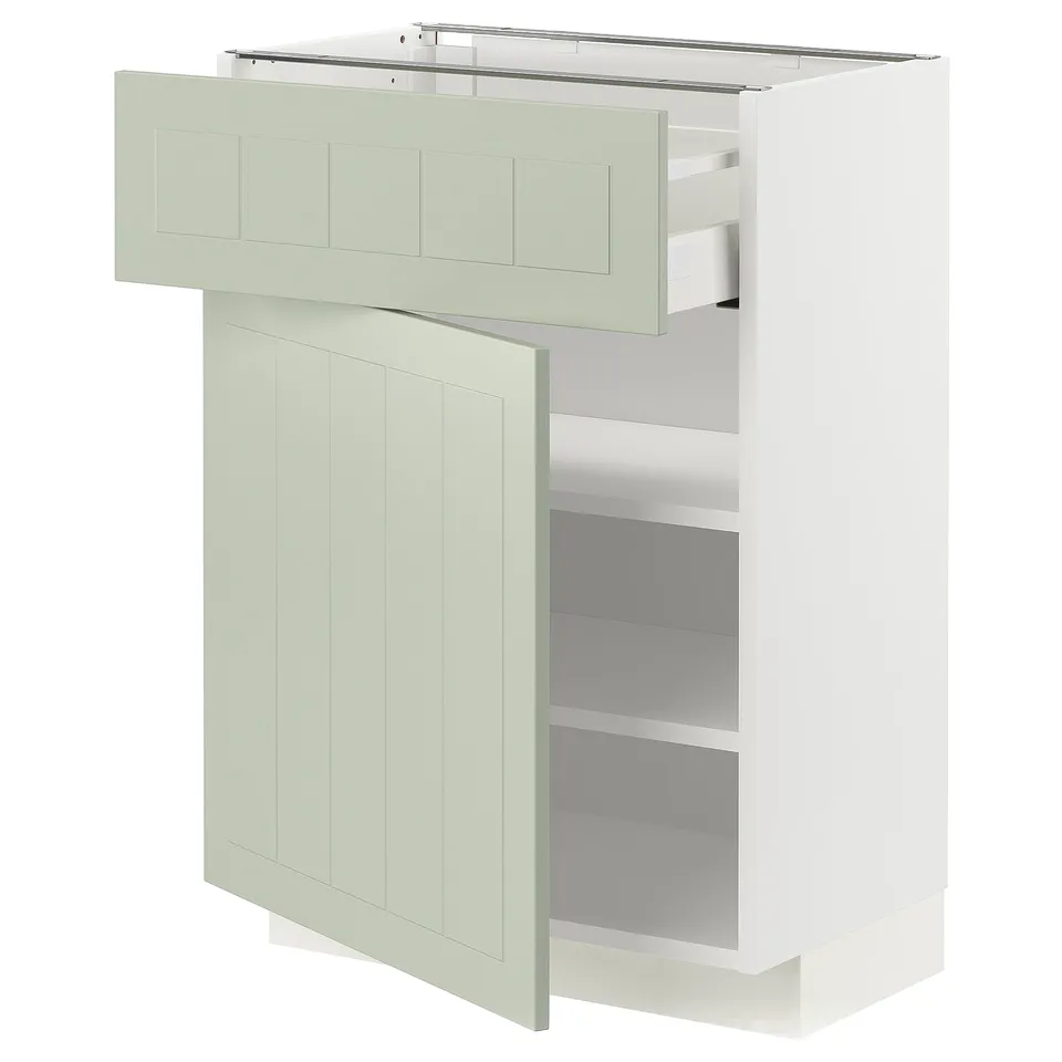 METOD kitchen unit in green with drawer and shelves. White and green, rectangular with panelled design.
