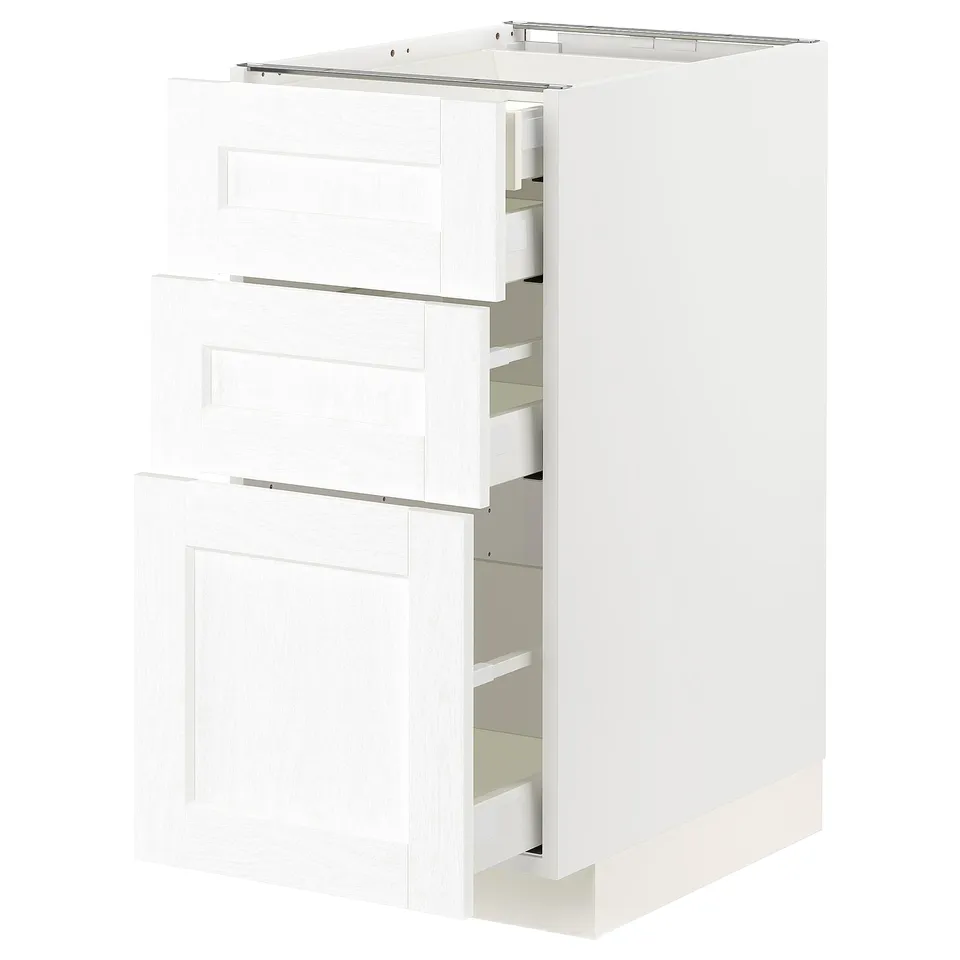 White METOD kitchen cabinet with three drawers, modern classic design, made with fibreglass and acrylic paint.