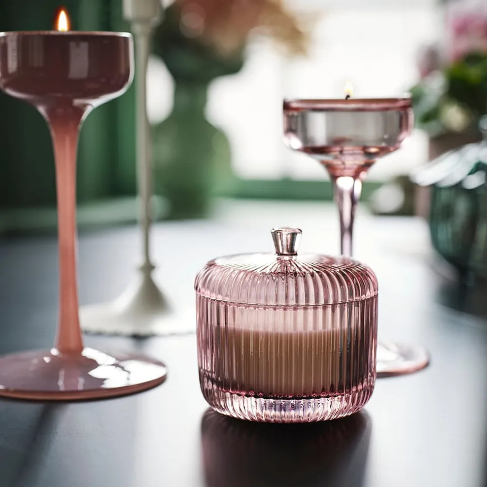 SNÖSISKA Scented candle/glass w lid/2 wicks, Tonka and orange blossom pale pink, 20 hr