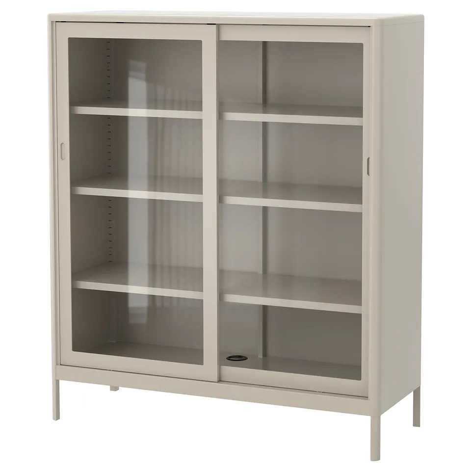 White IDÅSEN cabinet with glass sliding doors and shelves.