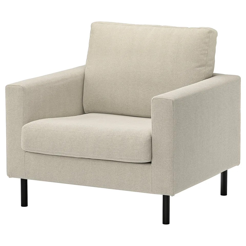 SALTSJÖBADEN armchair: soft beige, fabric, boxy shape, clean design.