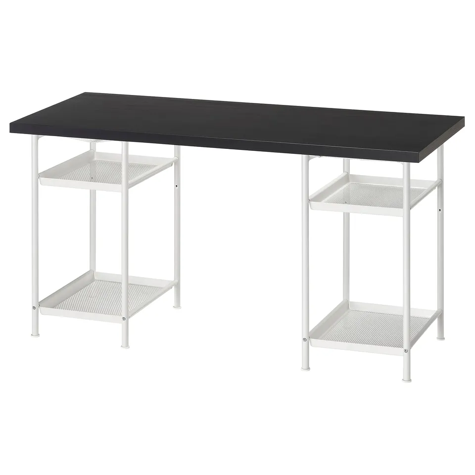 Black rectangular ikea desk with white metal legs, two shelves, and adjustable feet.