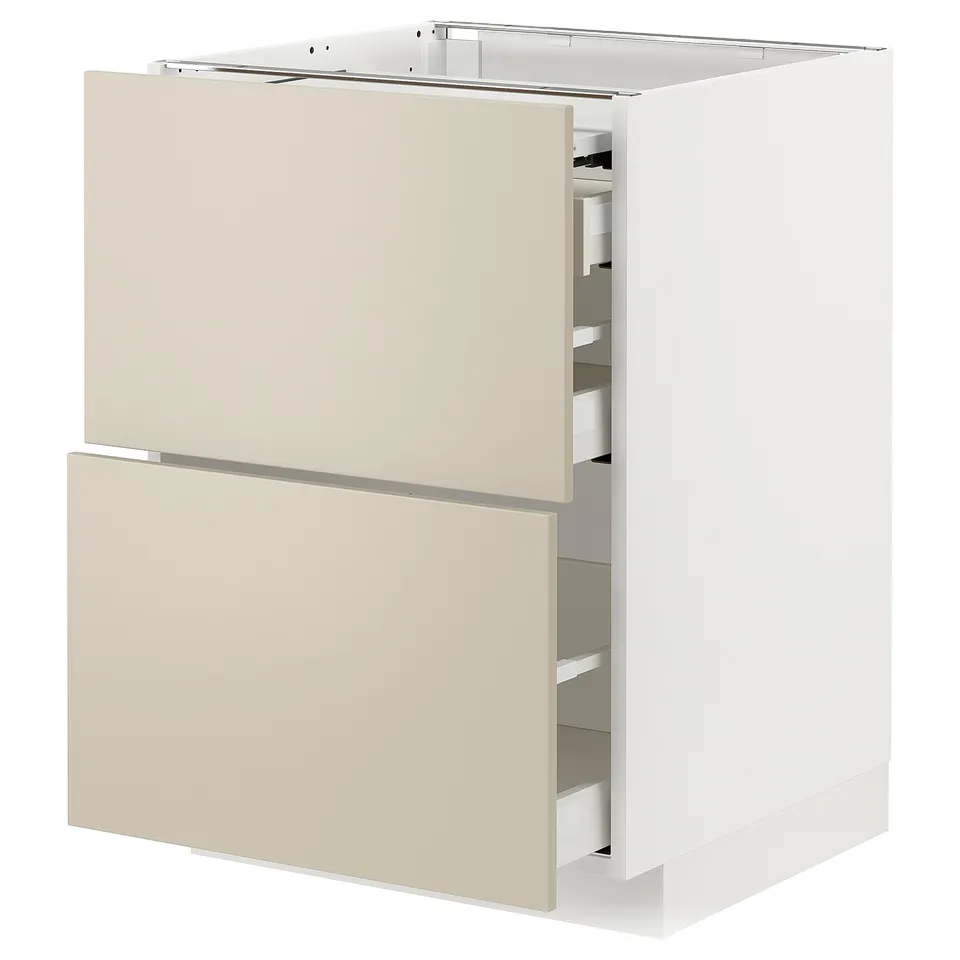 This image an ikea METOD kitchen cabinet with beige havstorp fronts, showcasing two drawers with a modern, minimalist design.
