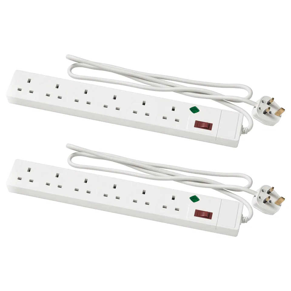 Two white KOPPLA power strips, each with six sockets and an on/off switch, placed side by side on a white background.