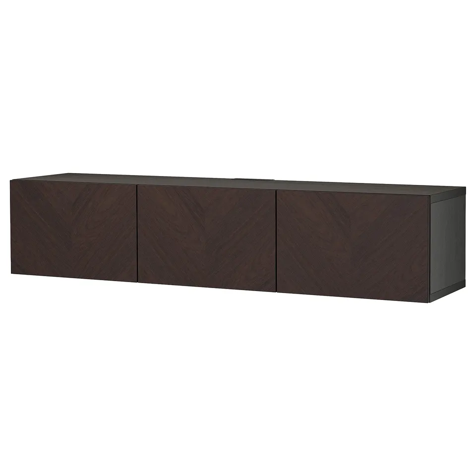 A sleek dark brown ikea BESTÅ tv bench with three large cabinets. It has a modern, rectangular design and a elegant herringbone pattern on the doors.
