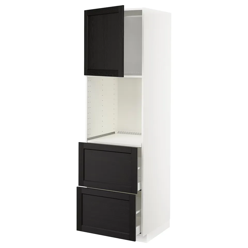 Modern kitchen unit: white cabinet, black drawers, adjustable shelves.