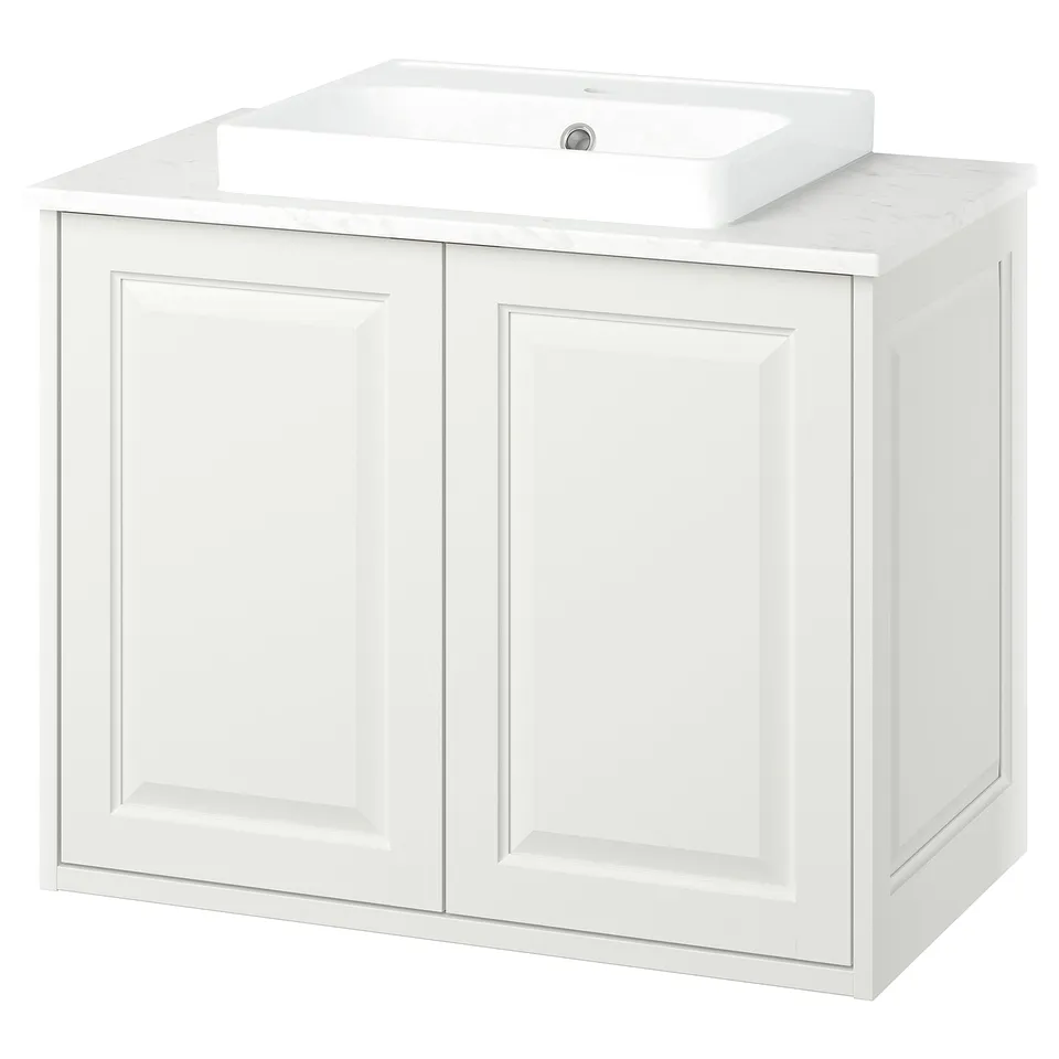 TÄNNFORSEN white vanity. Classic design with bevelled edges. White cabinet, marble top, rectangular basin.