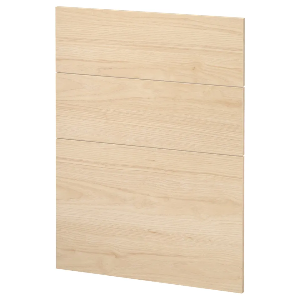 A light ash-colored METOD kitchen cabinet drawer front made of particleboard and melamine foil.