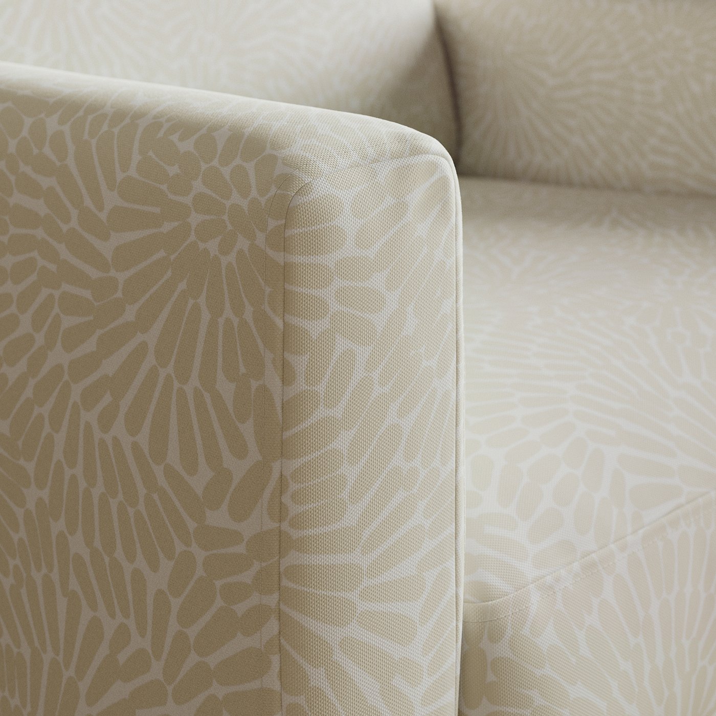 Close-up of a high-quality sofa with print pattern. Soft fabric, comfortable seat design.