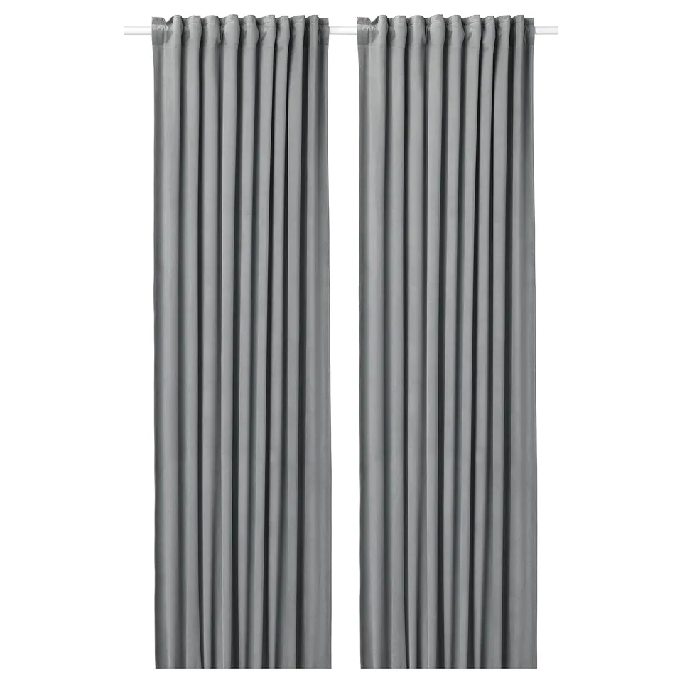 Grey SANDSVINGEL curtains, recycled polyester, soft texture, rod pocket.