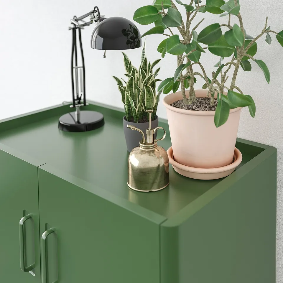 Green cabinet with lamp, two plants, and brass watering can on top.