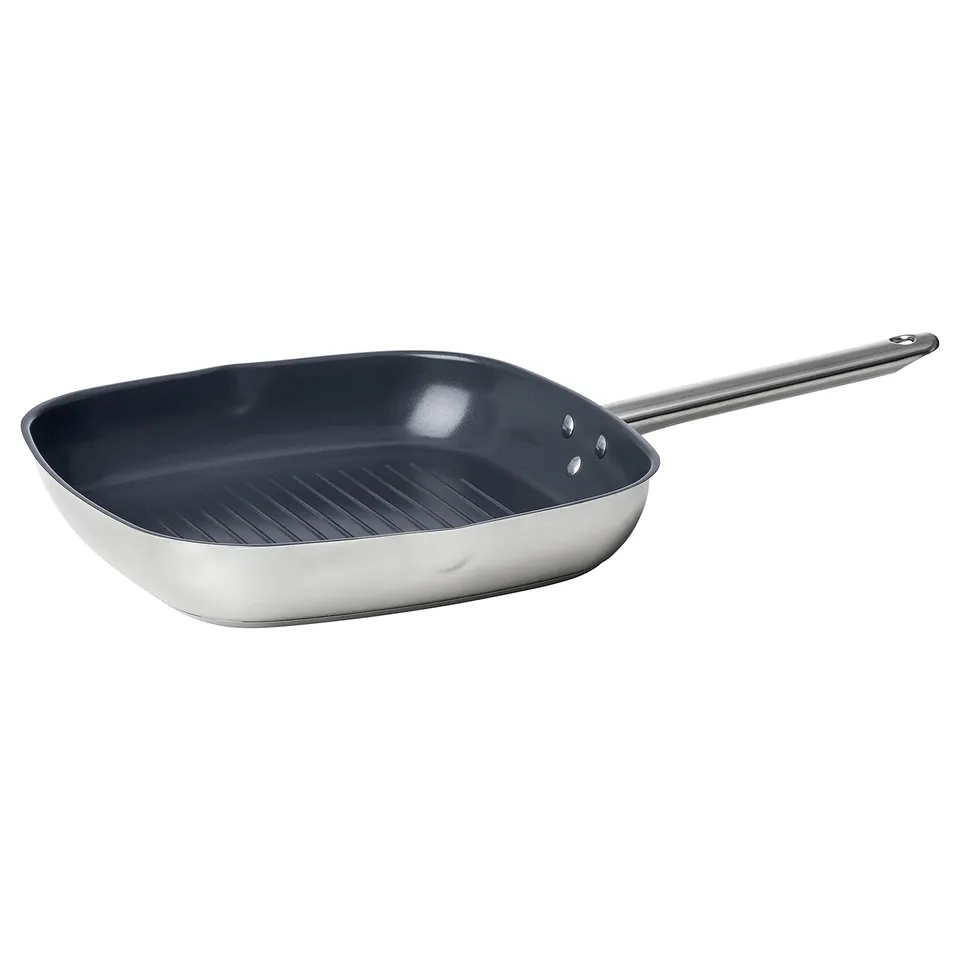 Square IKEA 365+ grill pan, dark blue with silver handle and base, non-stick ceramic coating.