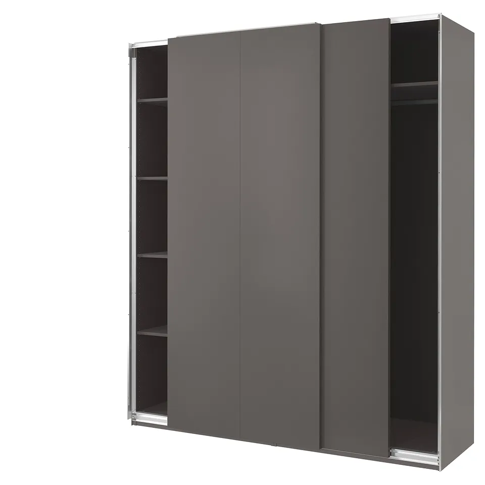 A tall, grey PAX wardrobe with sliding doors and shelves. Its modern and functional, offering ample storage space.