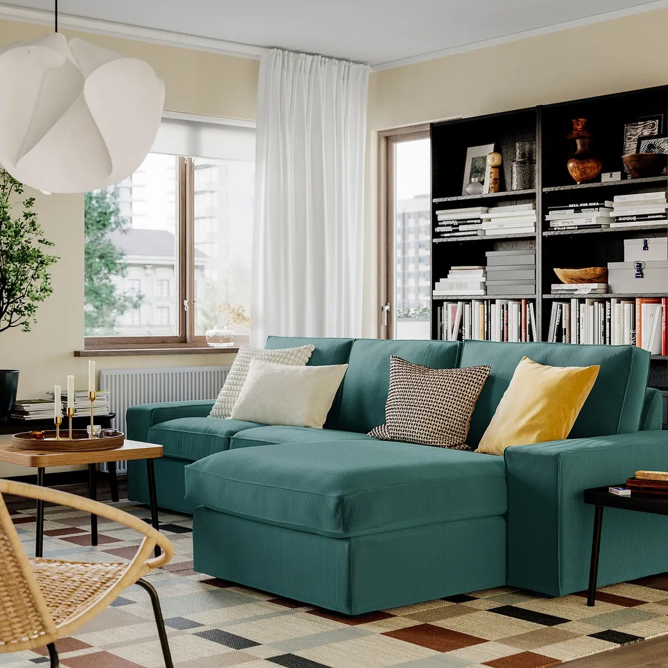 KIVIK 3-seat sofa with chaise longue, Kelinge grey-turquoise