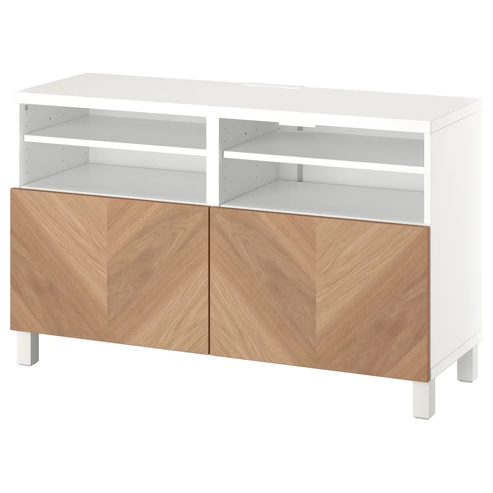White & wood tv stand with open shelves and two cabinet doors.