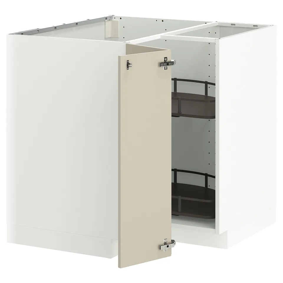 Modern white kitchen cabinet with beige door, open shelves, sleek design.