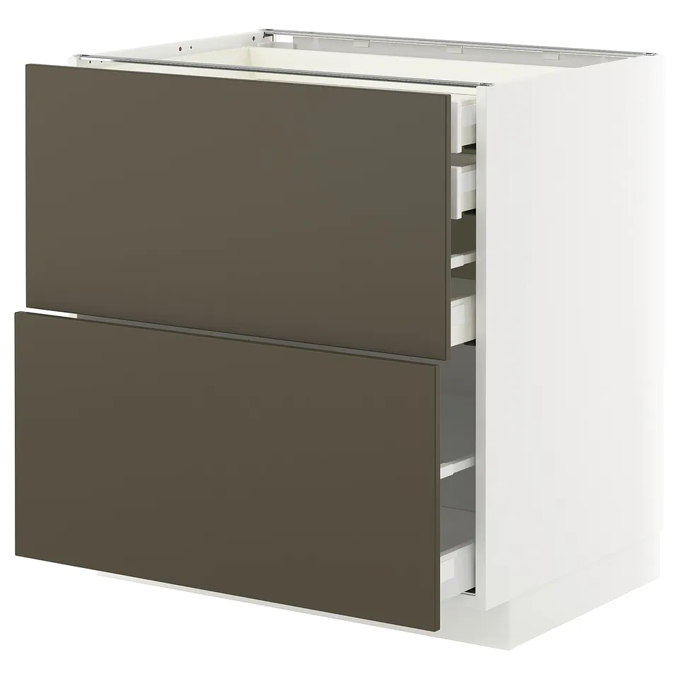 Modern kitchen unit: METOD with dark brown fronts, white frame, two drawers.